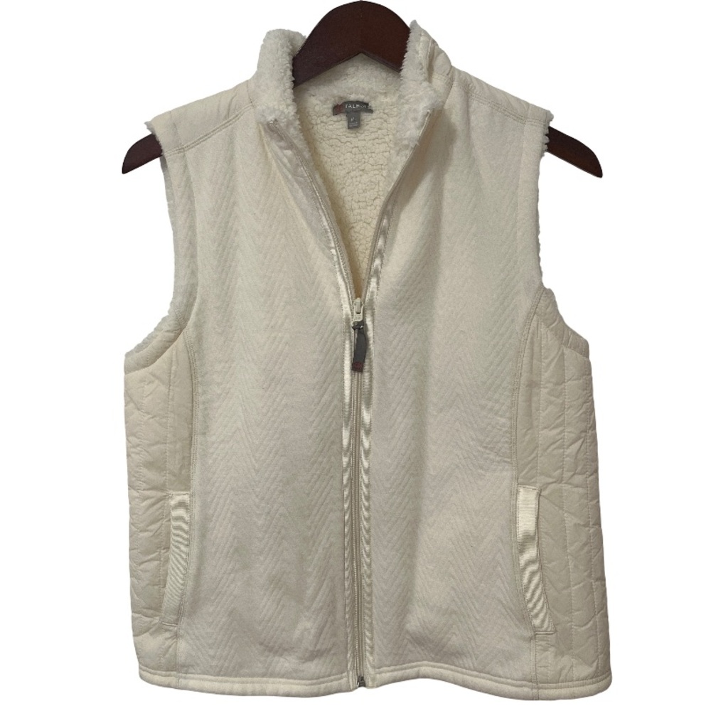 Talbots Womens Vest M Petite Ivory Sherpa Fleece Warm Cozy Casual